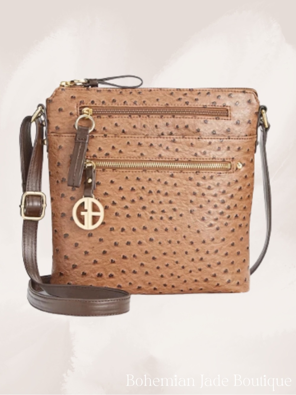 Giani Bernini Embossed Faux Ostrich Crossbody Bag Mocha Brown - Picture 1 of 8